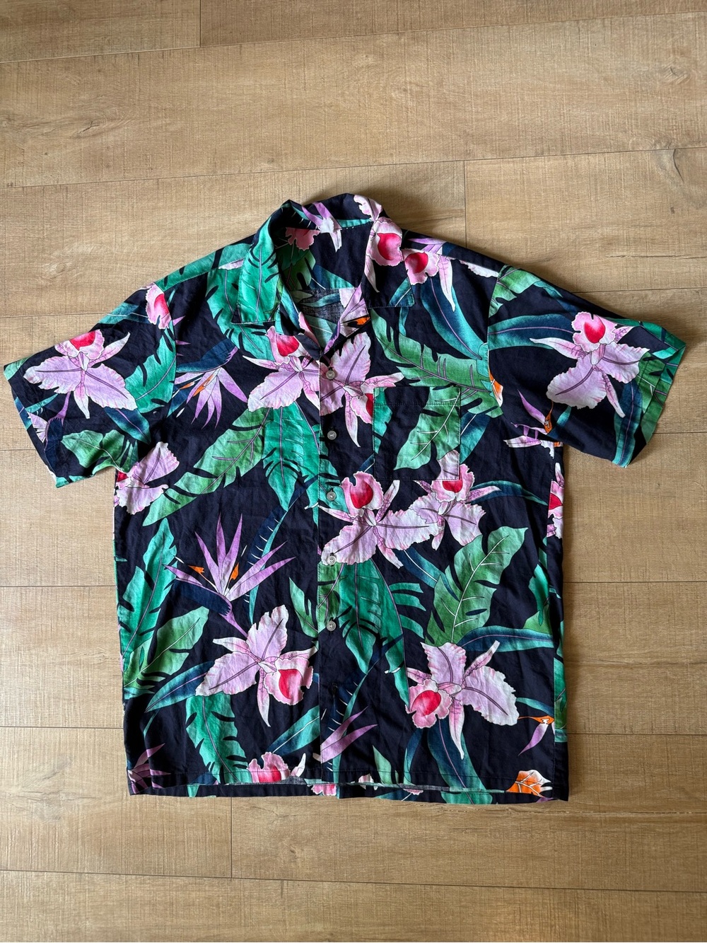 Vintage Black Tropical Button-Down aloha Shirt Pink Green orchid estimated large